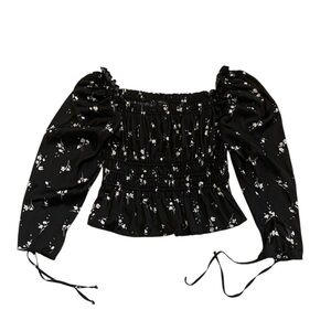 Dynamite Black Floral Off-the-Shoulder Smocked Crop Top Blouse P/S